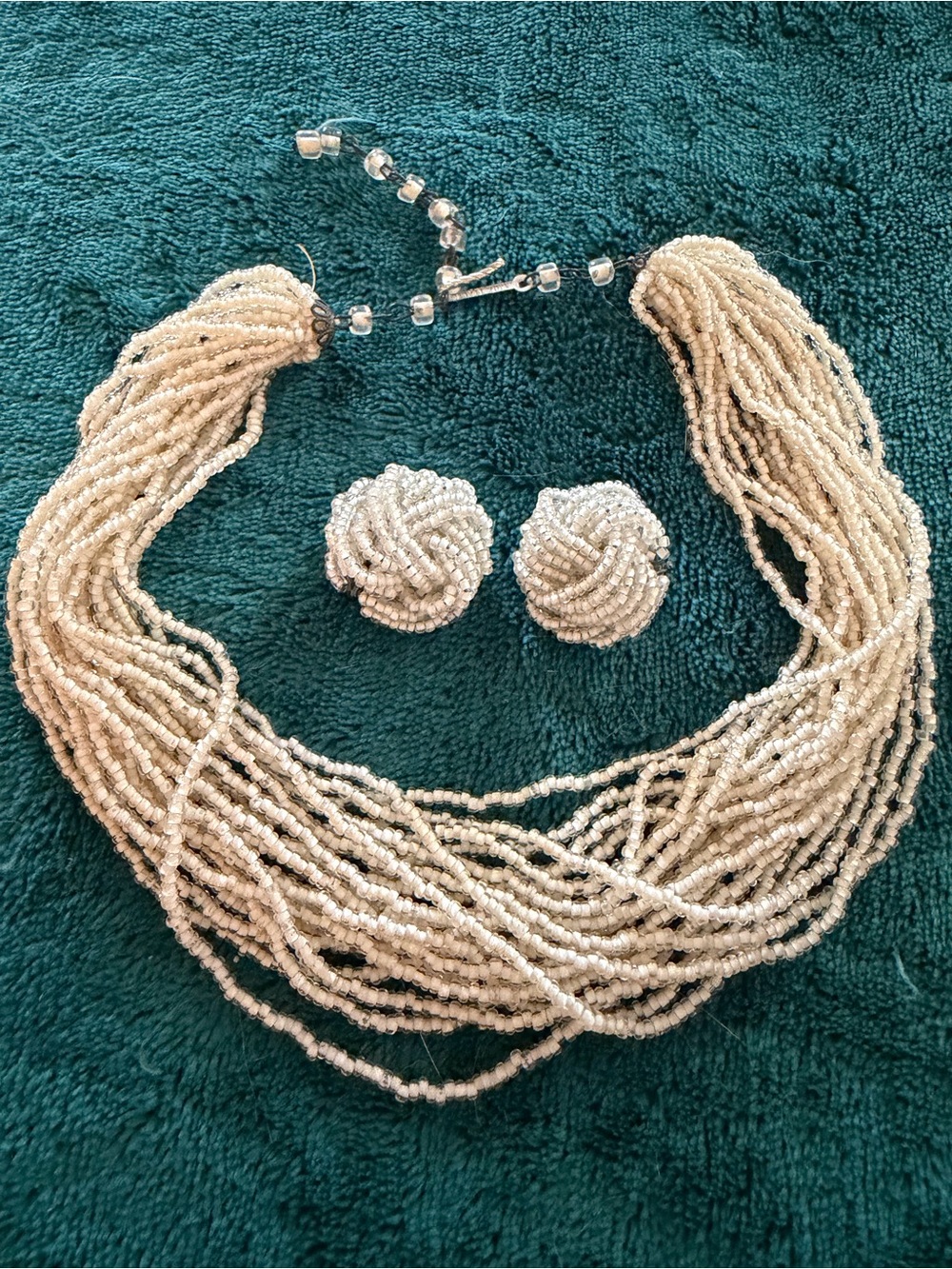 Vintage Multi-Strand Seed Bead Necklace and Knot Clip-on Earrings Set
